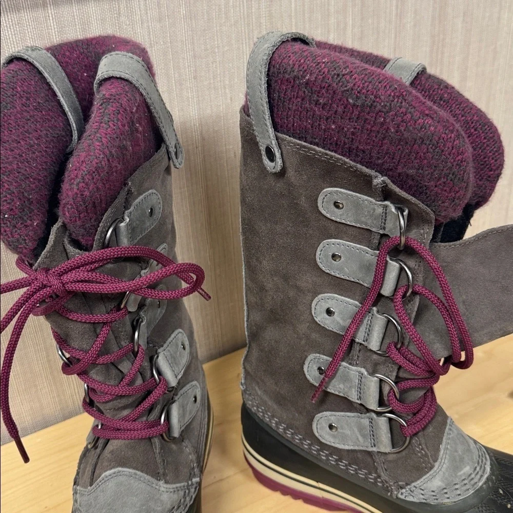 Sorel Joan of Arctic Knit winter boots shale and purple colorway Women's 7